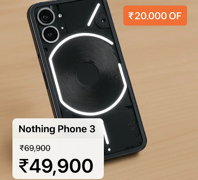 Nothing Phone 3 with transparent back showing Glyph lights and a red “₹20,000 OFF” banner