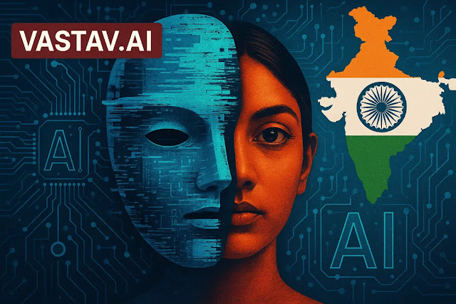 Vastav.AI Deepfake Detector: AI Identifying Fake vs Real Media in India Half-real half-glitched face under AI analysis illustrating deepfake detection by Vastav.AI, India’s cloud-based fake media platform