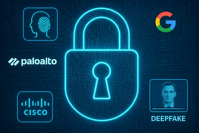 Identity-First Cybersecurity: Securing AI Agents and Defending Against Deepfakes Futuristic digital lock composed of identity icons, AI agent silhouette, corporate logos, and deepfake video elements