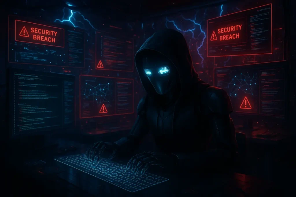Illustration of an AI hacker using Agentic AI to launch autonomous cyberattacks, with glowing screens, code, and a futuristic digital interface