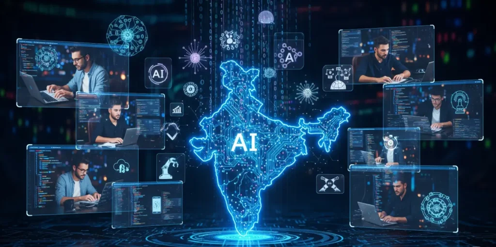 Futuristic map of India with glowing GenAI circuits and developers coding in holographic screens